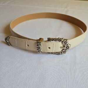 Brighton Cream Leather Belt with Floral Silver Buckle, Size 32"ML